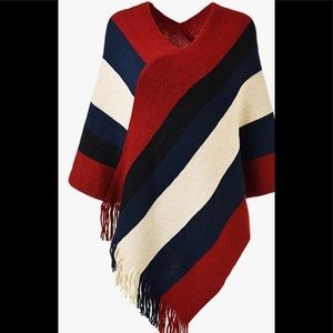 Women’s Elegant Knitted Poncho Top with Stripe Patterns and Fringed Sides